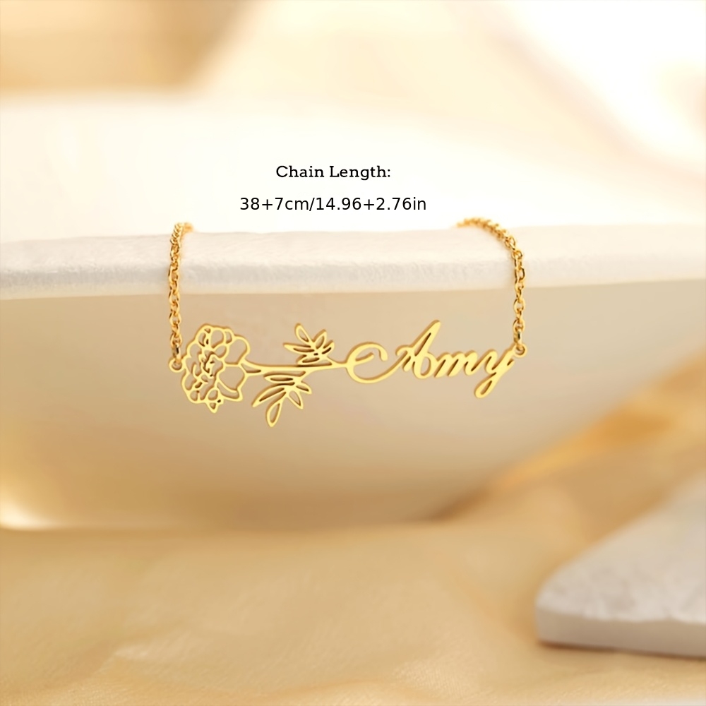 Custom Birthday Month Flower Name Necklace, Stainless Steel